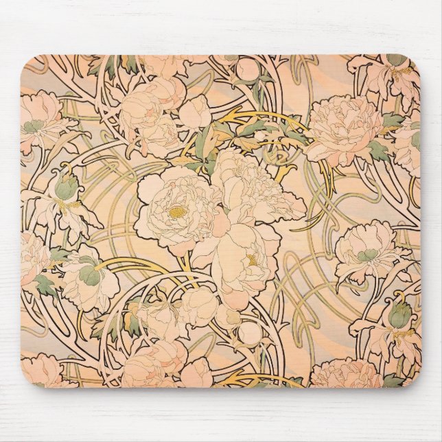 Alfonse Mucha Art Nouveau Peonies Mouse Pad (Front)