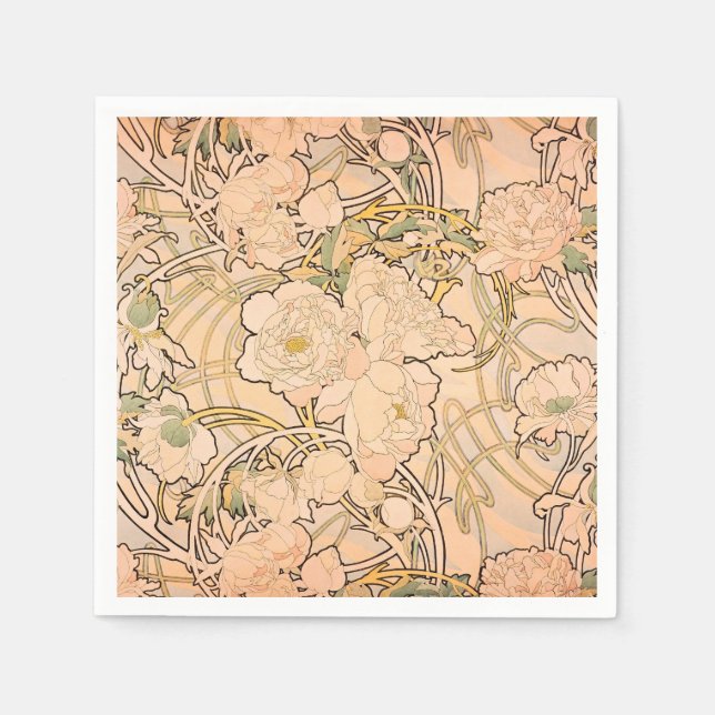 Alfonse Mucha Art Nouveau Peonies Napkins (Front)