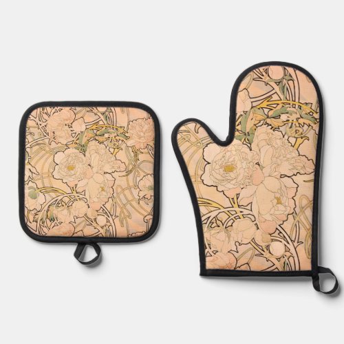 Alfonse Mucha Art Nouveau Peonies Oven Mitt  Pot Holder Set