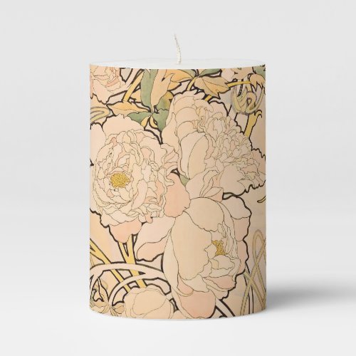 Alfonse Mucha Art Nouveau Peonies Pillar Candle