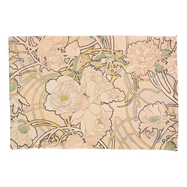 Alfonse Mucha Art Nouveau Peonies Pillow Case (Front)