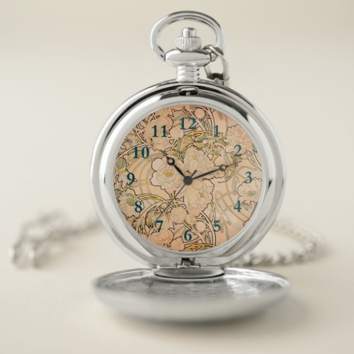 Alfonse Mucha Art Nouveau Peonies Pocket Watch