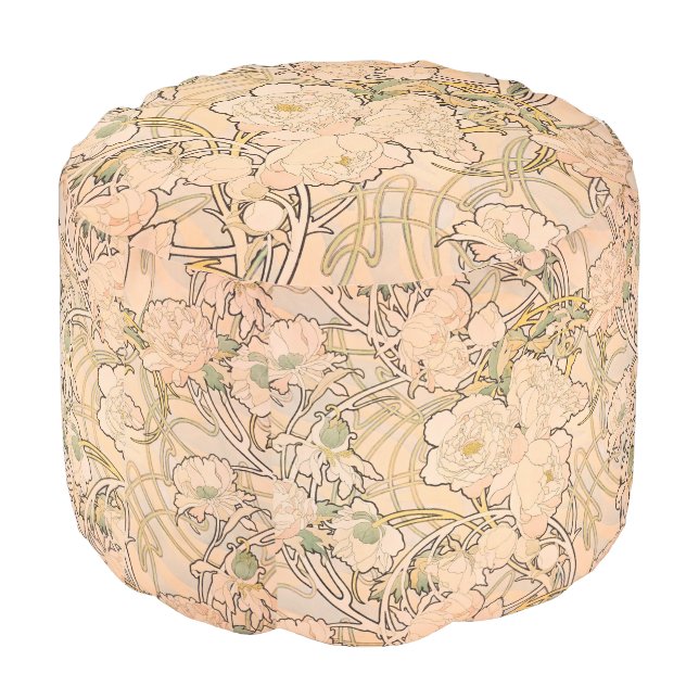 Alfonse Mucha Art Nouveau Peonies Pouf (Angled Back)