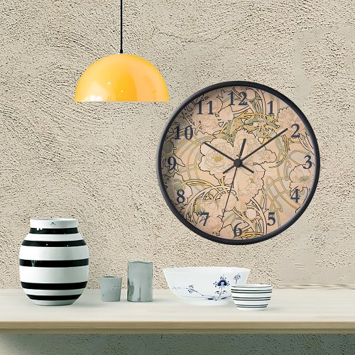 Alfonse Mucha Art Nouveau Peonies Round Clock