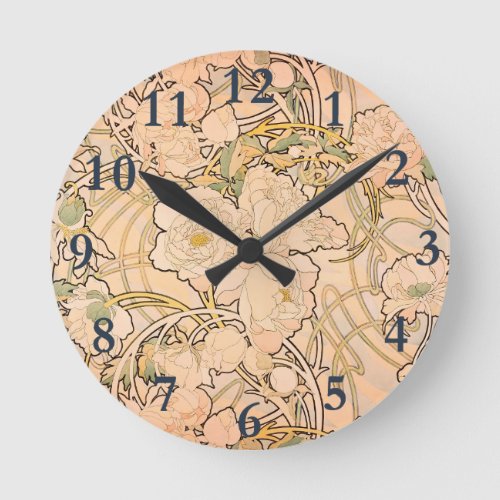 Alfonse Mucha Art Nouveau Peonies Round Clock