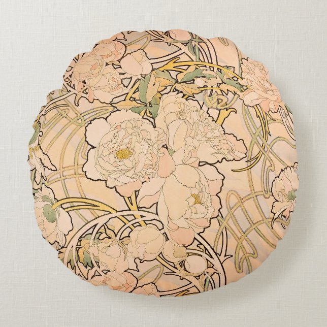 Alfonse Mucha Art Nouveau Peonies Round Pillow (Front)