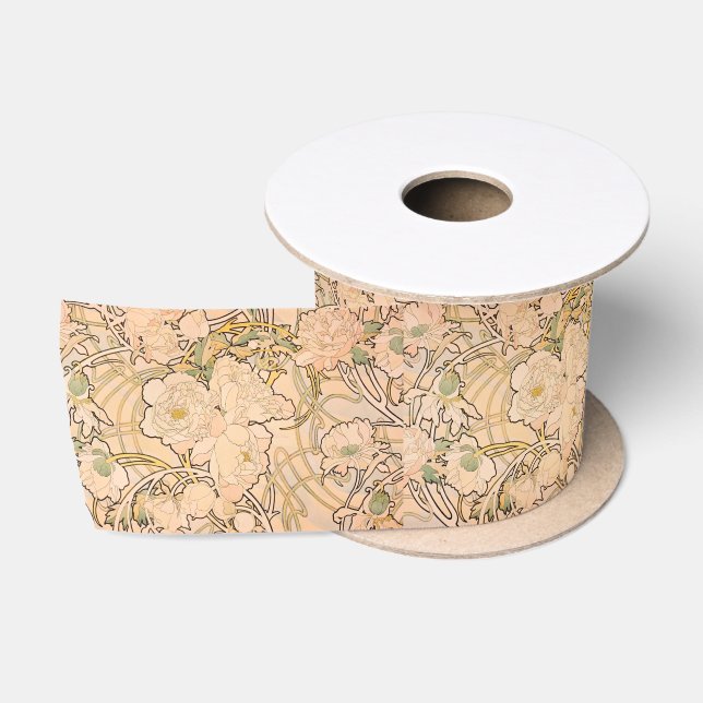 Alfonse Mucha Art Nouveau Peonies Satin Ribbon (Spool)