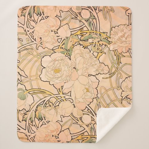 Alfonse Mucha Art Nouveau Peonies Sherpa Blanket