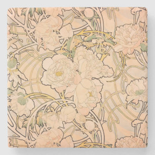 Alfonse Mucha Art Nouveau Peonies Stone Coaster
