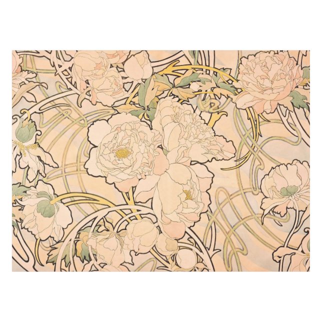 Alfonse Mucha Art Nouveau Peonies Tablecloth (Front (Horizontal))
