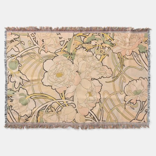 Alfonse Mucha Art Nouveau Peonies Throw Blanket