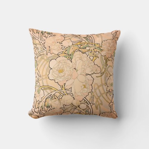 Alfonse Mucha Art Nouveau Peonies Throw Pillow