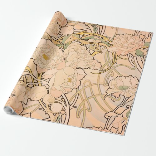 Alfonse Mucha Art Nouveau Peonies Wrapping Paper