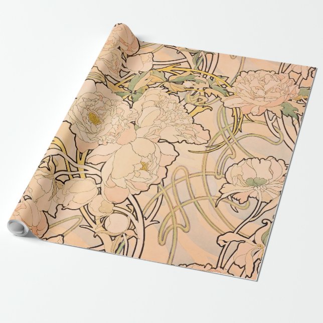 Alfonse Mucha Art Nouveau Peonies Wrapping Paper (Unrolled)