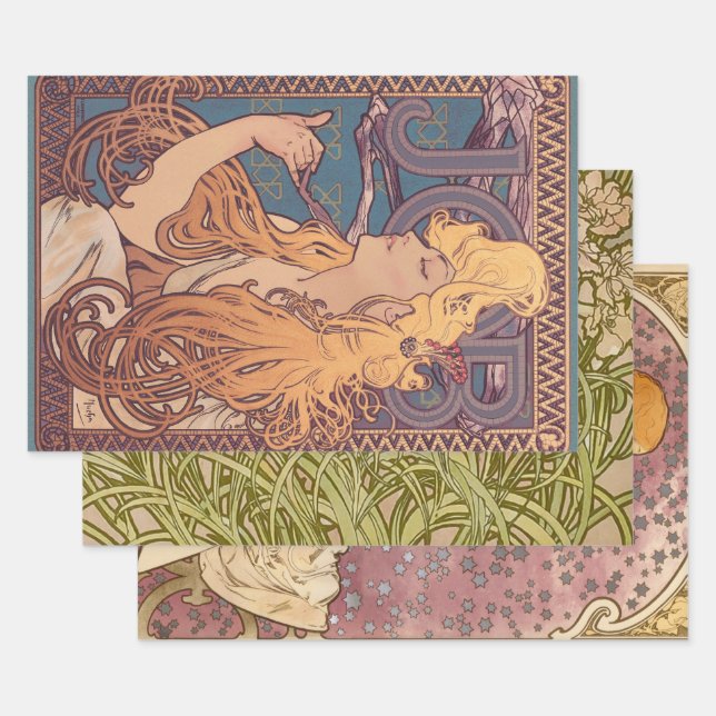 Alfonse Mucha Job Art Nouveau woman Wrapping Paper Sheets (Set)