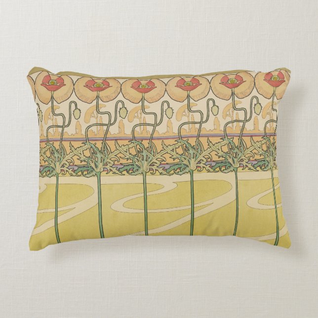 Alfonse Mucha Poppies Art Nouveau Floral Wallpaper Accent Pillow (Front)