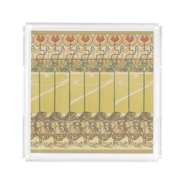 Alfonse Mucha Poppies Art Nouveau Floral Wallpaper Acrylic Tray (Front)
