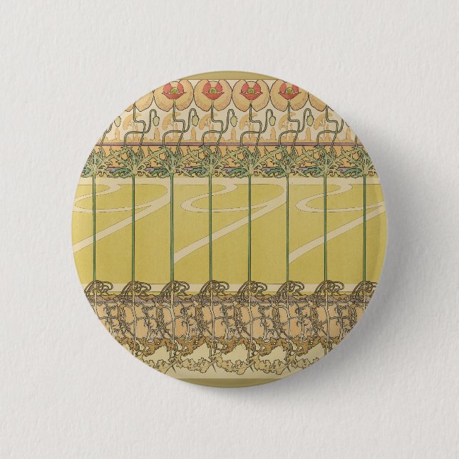 Alfonse Mucha Poppies Art Nouveau Floral Wallpaper Button (Front)