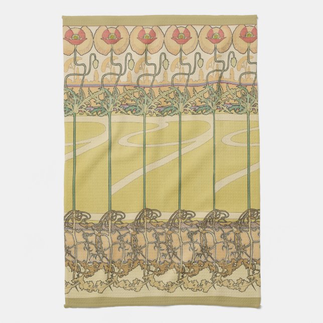 Alfonse Mucha Poppies Art Nouveau Floral Wallpaper Kitchen Towel (Vertical)
