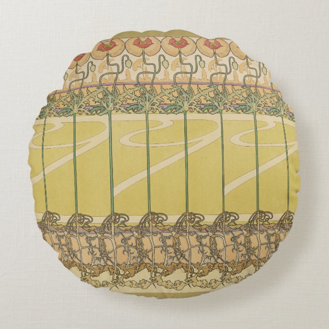 Alfonse Mucha Poppies Art Nouveau Floral Wallpaper Round Pillow (Front)
