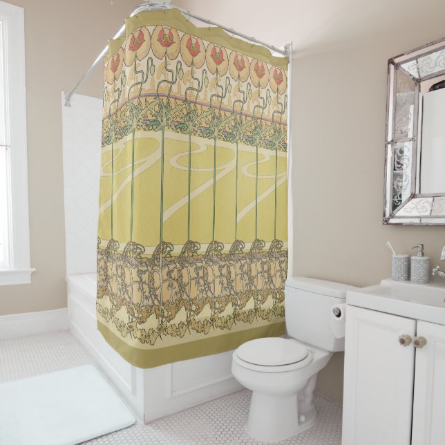 Alfonse Mucha Poppies Art Nouveau Floral Wallpaper Shower Curtain (In Situ)