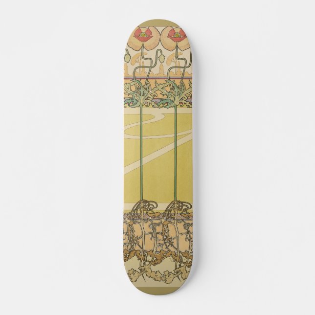 Alfonse Mucha Poppies Art Nouveau Floral Wallpaper Skateboard (Front)