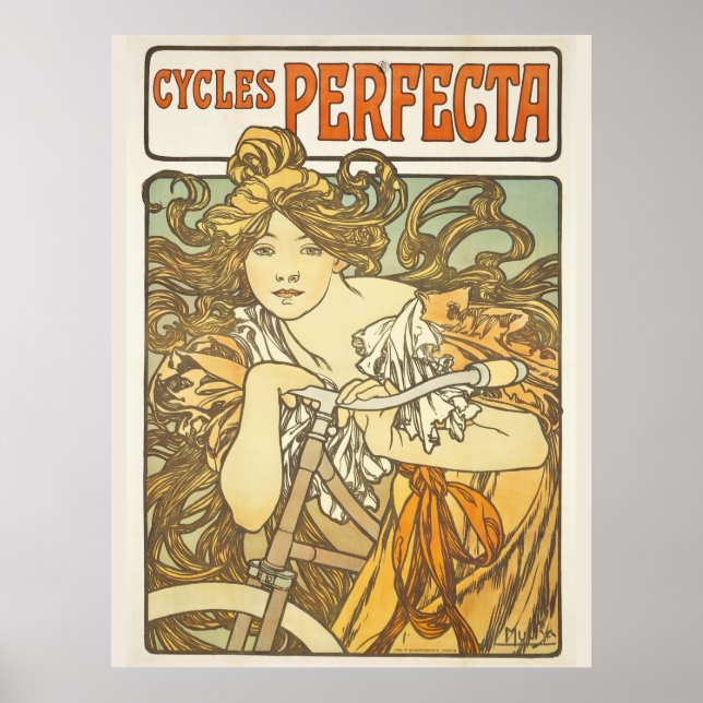 Alfonse Mucha Retro Woman Vintage Cycling Poster (Front)