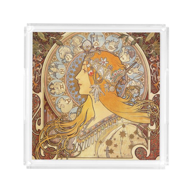 Alfonse Mucha Zodiac Art Nouveau Woman Acrylic Tray (Front)
