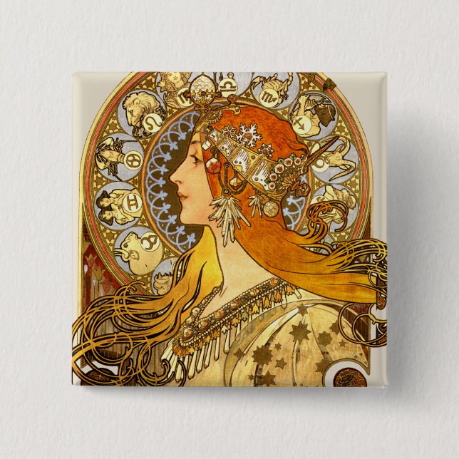 Alfonse Mucha Zodiac Art Nouveau Woman Button (Front)