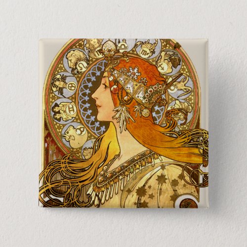 Alfonse Mucha Zodiac Art Nouveau Woman Button