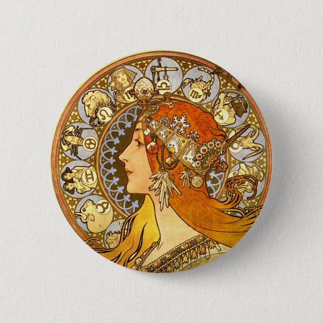 Alfonse Mucha Zodiac Art Nouveau Woman Button (Front)