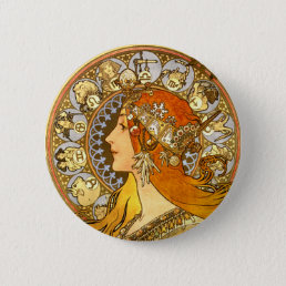 Alfonse Mucha Zodiac Art Nouveau Woman Button