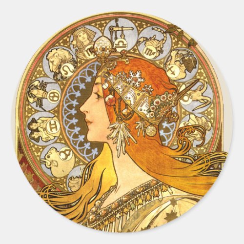 Alfonse Mucha Zodiac Art Nouveau Woman Classic Round Sticker