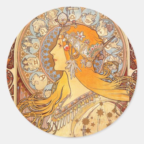 Alfonse Mucha Zodiac Art Nouveau Woman Classic Round Sticker