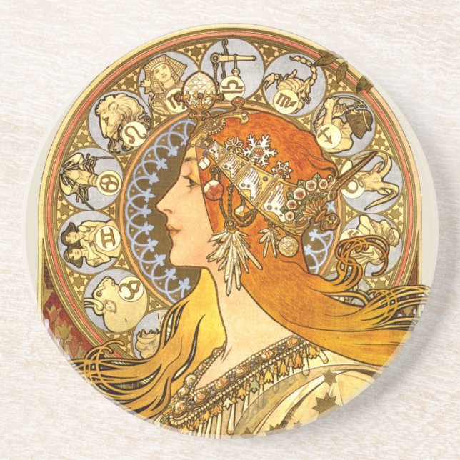Alfonse Mucha Zodiac Art Nouveau Woman Drink Coaster (Front)