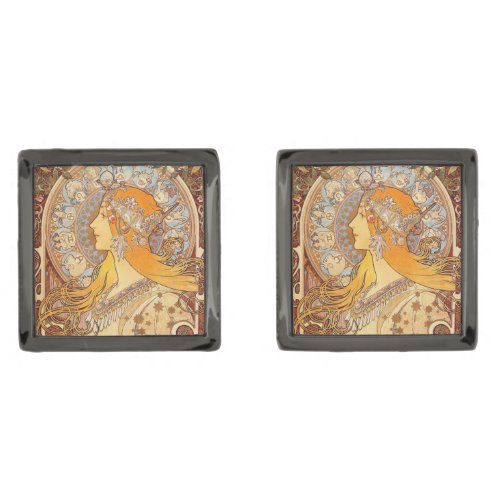 Alfonse Mucha Zodiac Art Nouveau Woman Gunmetal Finish Cufflinks