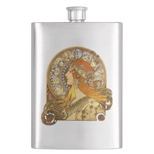 Alfonse Mucha Zodiac Art Nouveau Woman Hip Flask