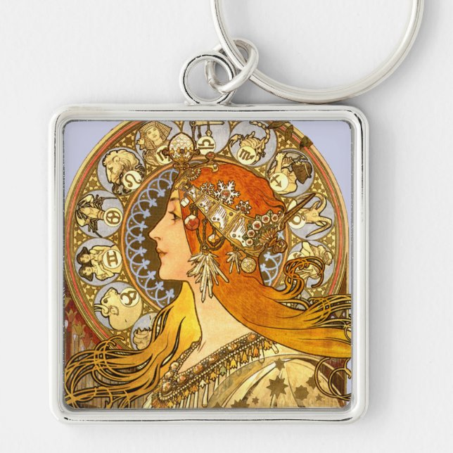 Alfonse Mucha Zodiac Art Nouveau Woman Keychain (Front)