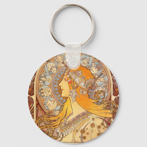 Alfonse Mucha Zodiac Art Nouveau Woman Keychain