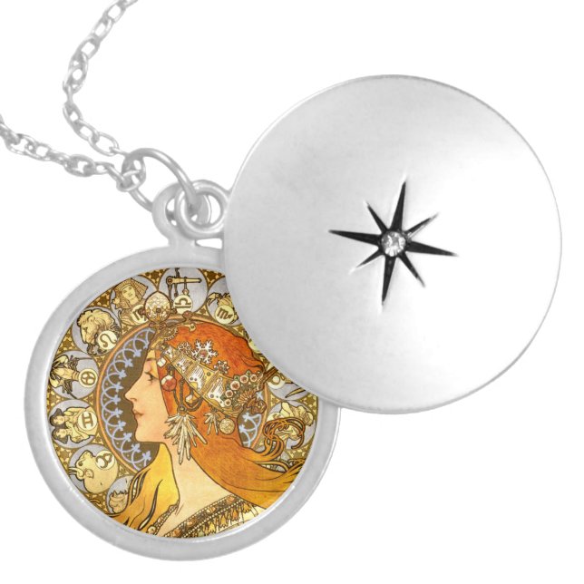 Alfonse Mucha Zodiac Art Nouveau Woman Locket Necklace (Front)