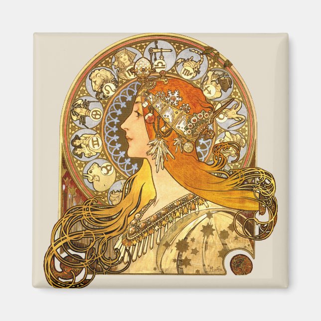 Alfonse Mucha Zodiac Art Nouveau Woman Magnet (Front)