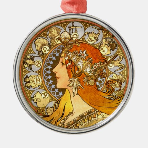 Alfonse Mucha Zodiac Art Nouveau Woman Metal Ornament
