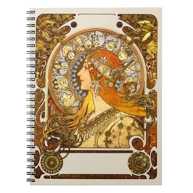 Alfonse Mucha Zodiac Art Nouveau Woman Notebook (Front)