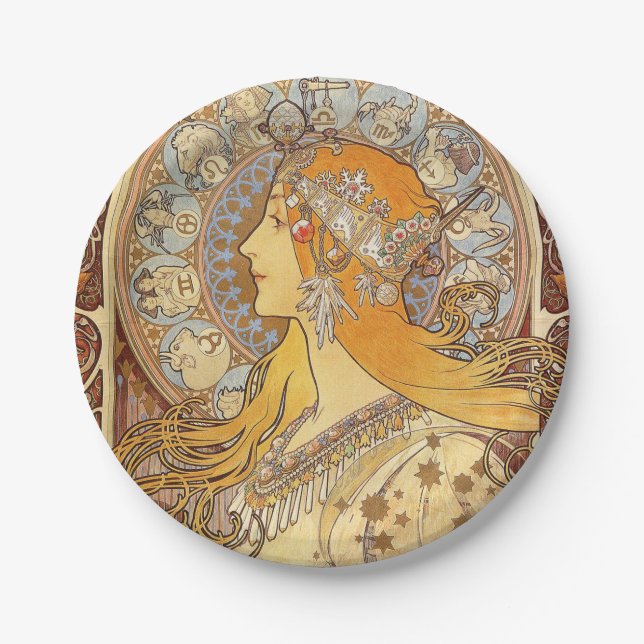Alfonse Mucha Zodiac Art Nouveau Woman Paper Plates (Front)