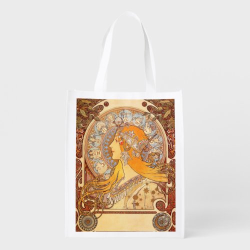 Alfonse Mucha Zodiac Art Nouveau Woman Reusable Grocery Bag