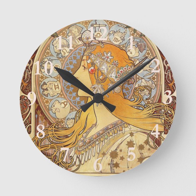 Alfonse Mucha Zodiac Art Nouveau Woman Round Clock (Front)