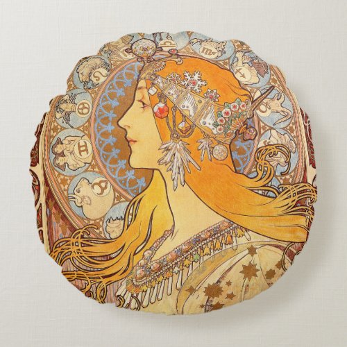 Alfonse Mucha Zodiac Art Nouveau Woman Round Pillow