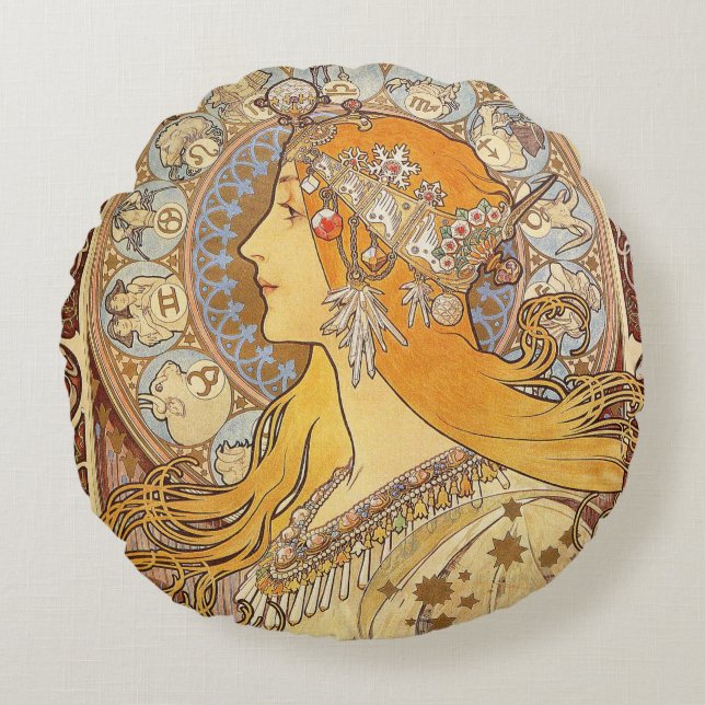 Alfonse Mucha Zodiac Art Nouveau Woman Round Pillow (Front)