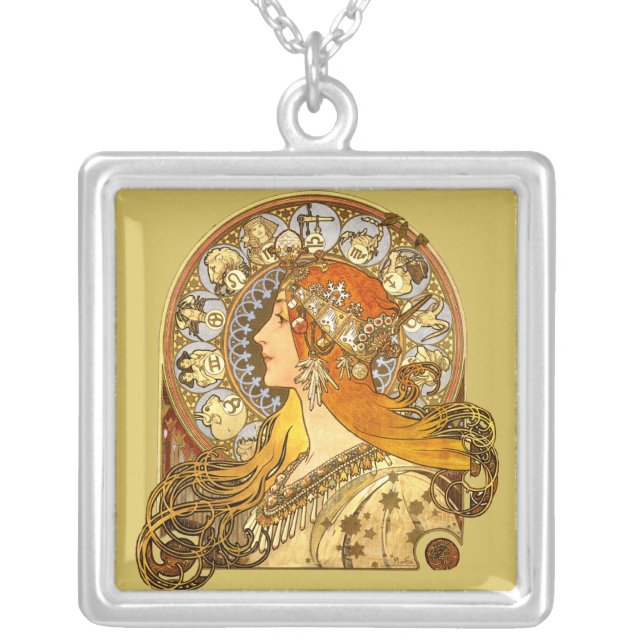 Alfonse Mucha Zodiac Art Nouveau Woman Silver Plated Necklace (Front)
