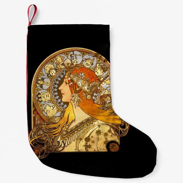Alfonse Mucha Zodiac Art Nouveau Woman Small Christmas Stocking (Front)